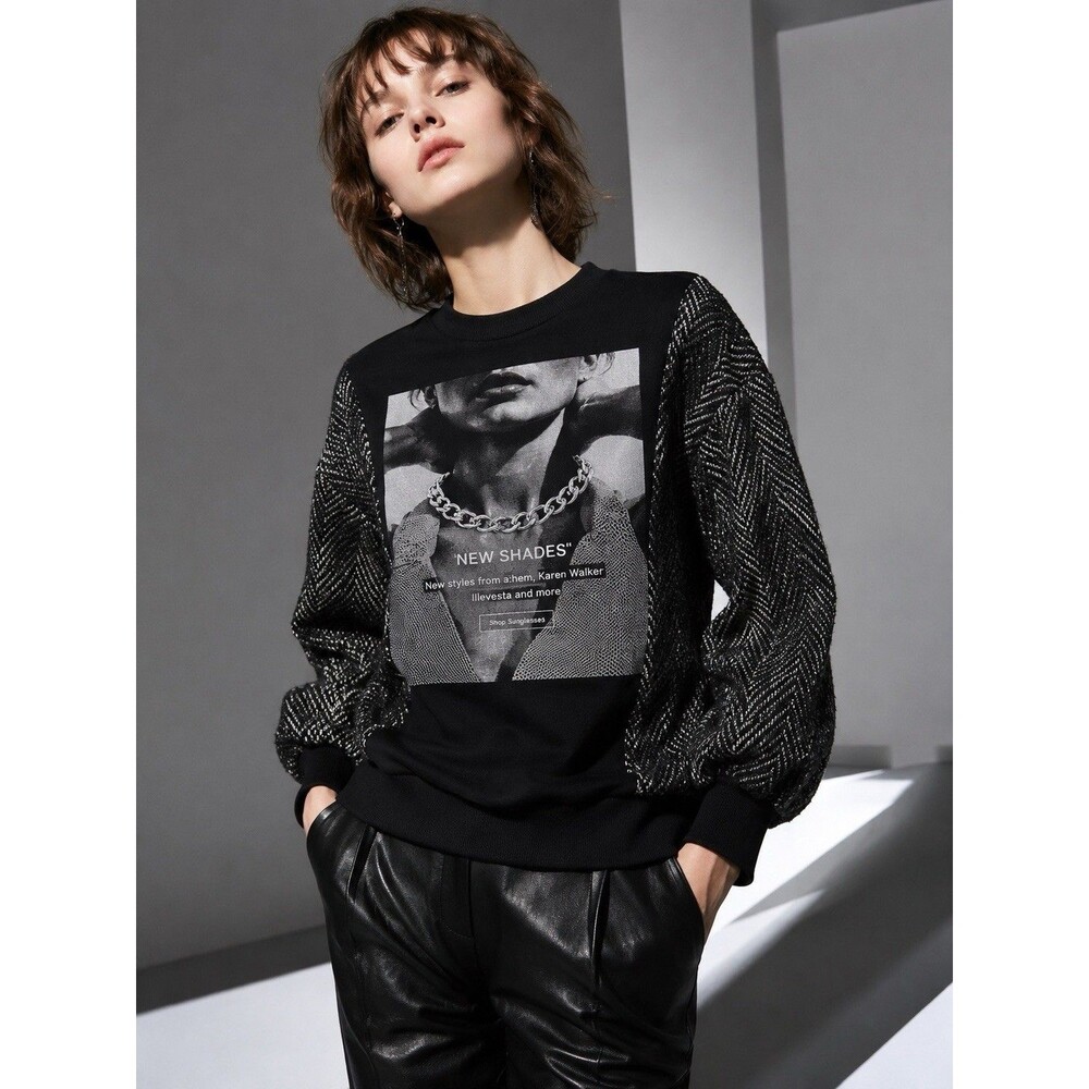 RED Valentino FW19 Graphic Sweatshirt Jacket Herringbone Puff Sleeve Size L